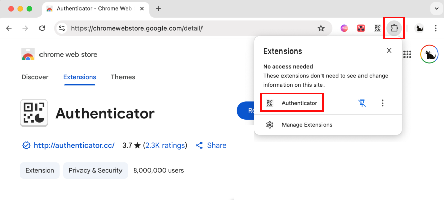 Selecting the authenticator in the Extensions menu